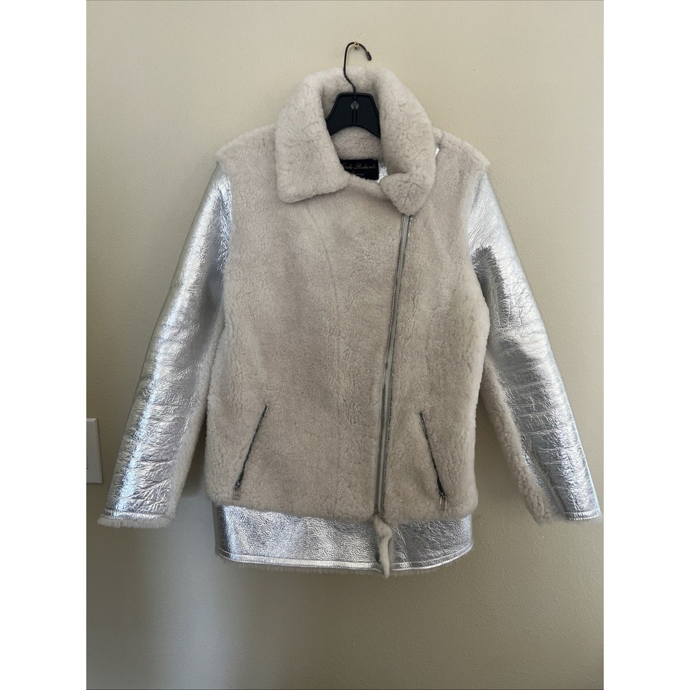 Linda Richards Leather Sherpa Coat Womens XS Silver Cream Moto Jacket Luxury
